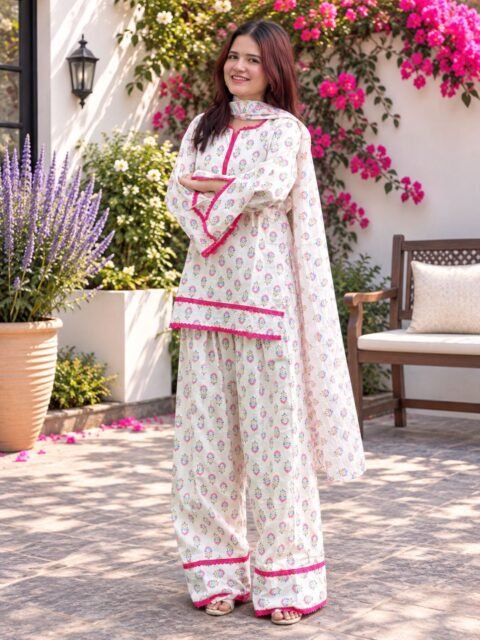 pink floral sanganeri print cotton kurta set for women
