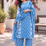 sanganeri print kurti set for women blue cotton jaipur print kurta set