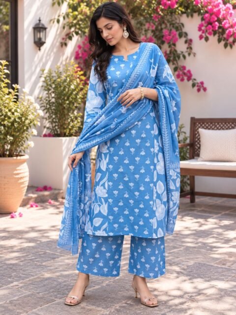 sanganeri print kurti set for women blue cotton jaipur print kurta set