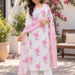 cotton kurti set 3 piece white pink floral