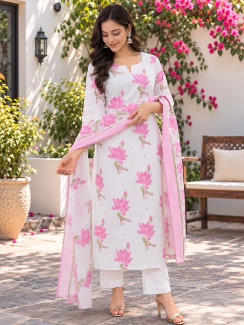 cotton kurti set 3 piece white pink floral