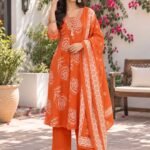 Cotton Jaipuri Print Kurti Set with Dupatta – Orange Floral Design