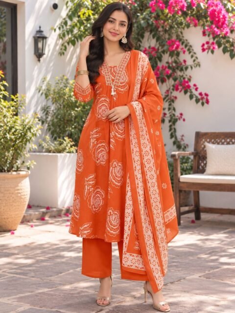 Cotton Jaipuri Print Kurti Set with Dupatta – Orange Floral Design