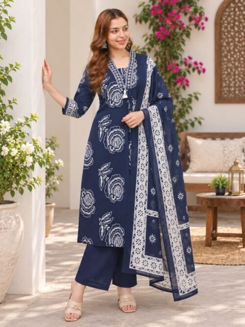 Woman wearing navy blue Cotton Jaipuri Print Kurti Set with white floral patterns and dupatta outdoors
